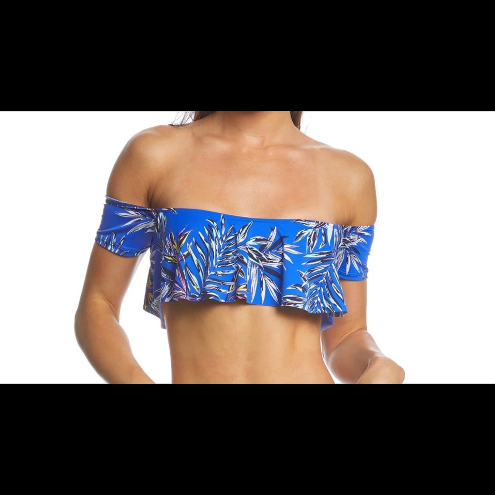 Hobie 🌴 Blue Sahara Palms Ruffle Bikini Top Strapless Bandeau Bra Size Medium